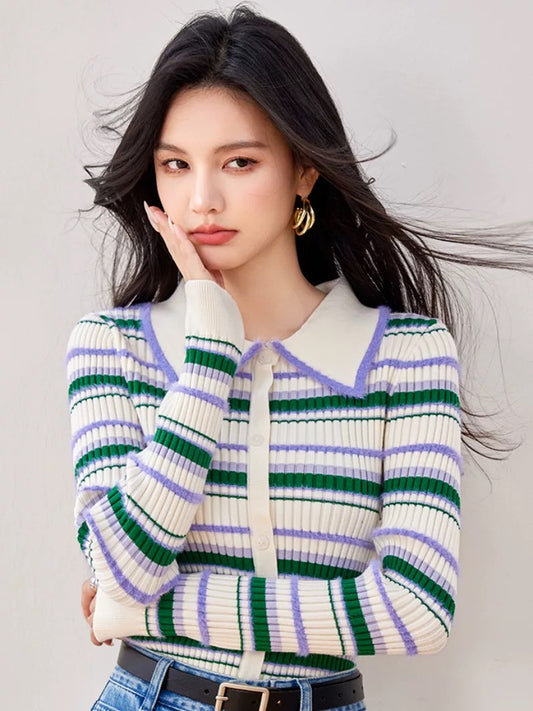 French retro niche sweet or salty striped contrast color lapel sweater round neck small point collar long sleeve slim fit top