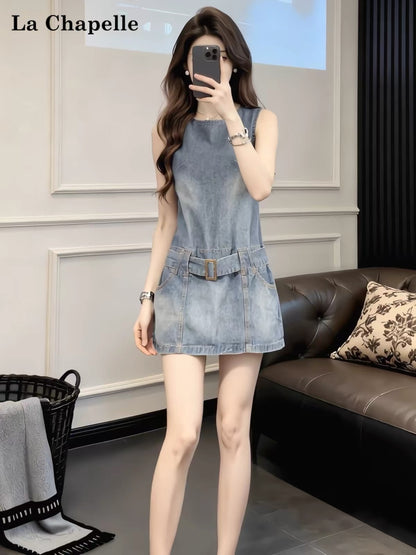 La Chapelle Sleeveless Washed Grey-Blue Denim Dress – Summer Round-Neck, Waist-Cinching Style (Petite-Friendly & Youthful Look)