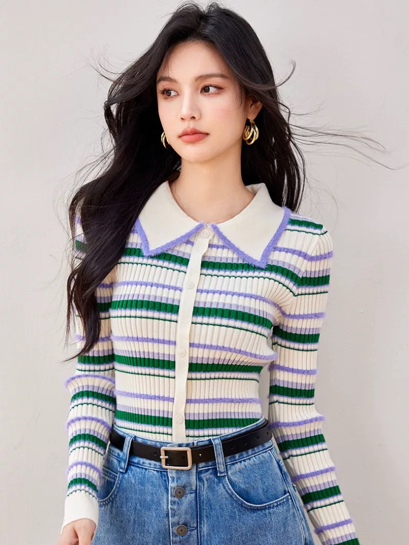 French retro niche sweet or salty striped contrast color lapel sweater round neck small point collar long sleeve slim fit top