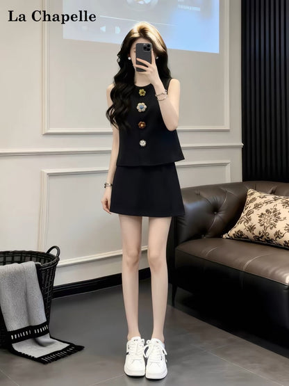 La Chapelle Black Sleeveless Top & Mini Skirt Set – Stylish, Slimming, and Youthful Casual Sporty Summer Outfit for Petites