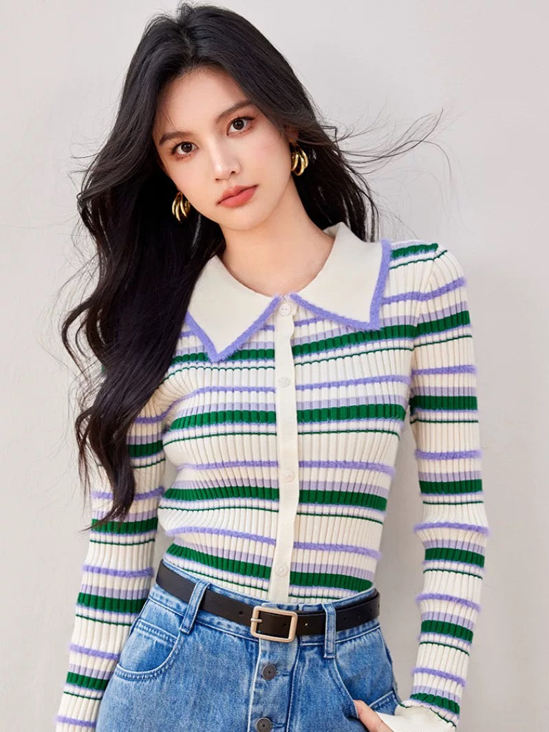 French retro niche sweet or salty striped contrast color lapel sweater round neck small point collar long sleeve slim fit top