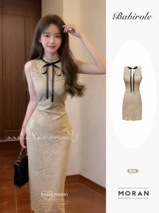 New Chinese-style modified cheongsam lace dress, pure and sexy sleeveless vest, high-end sexy bodycon long skirt