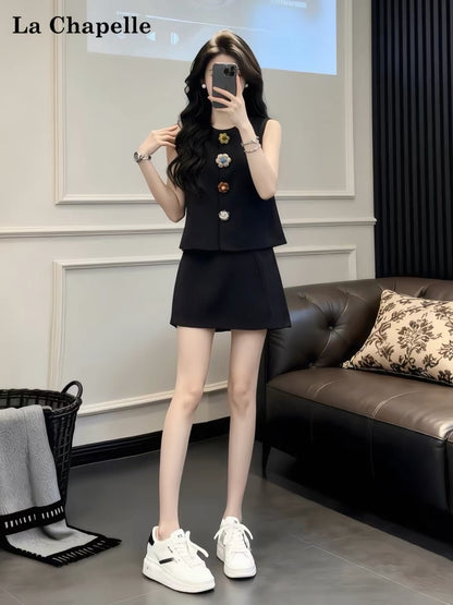 La Chapelle Black Sleeveless Top & Mini Skirt Set – Stylish, Slimming, and Youthful Casual Sporty Summer Outfit for Petites
