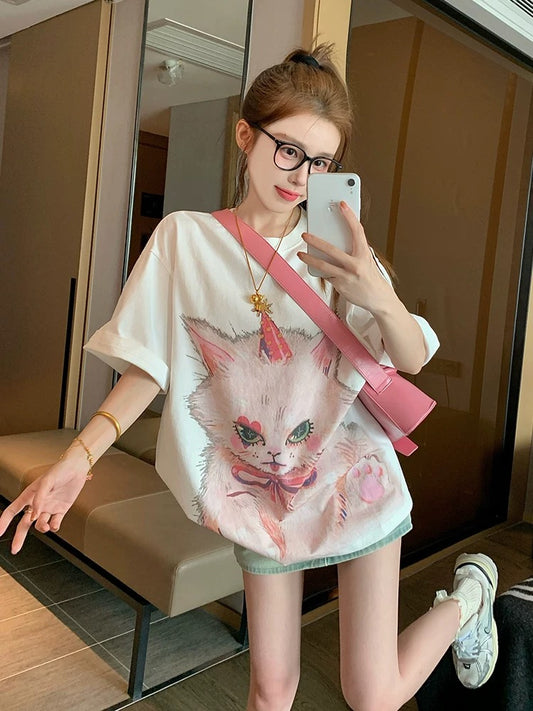 White cat pure cotton short-sleeved T-shirt female 2025 new spring and summer design niche loose casual half-sleeved top