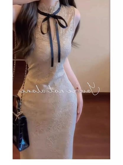 New Chinese-style modified cheongsam lace dress, pure and sexy sleeveless vest, high-end sexy bodycon long skirt