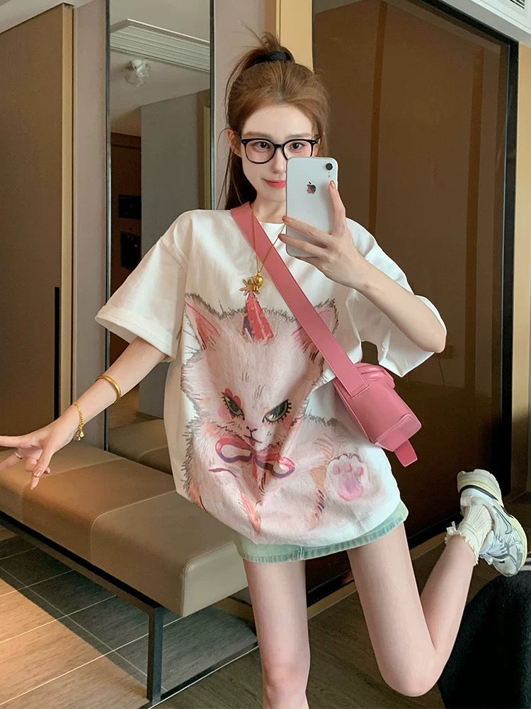 White cat pure cotton short-sleeved T-shirt female 2025 new spring and summer design niche loose casual half-sleeved top