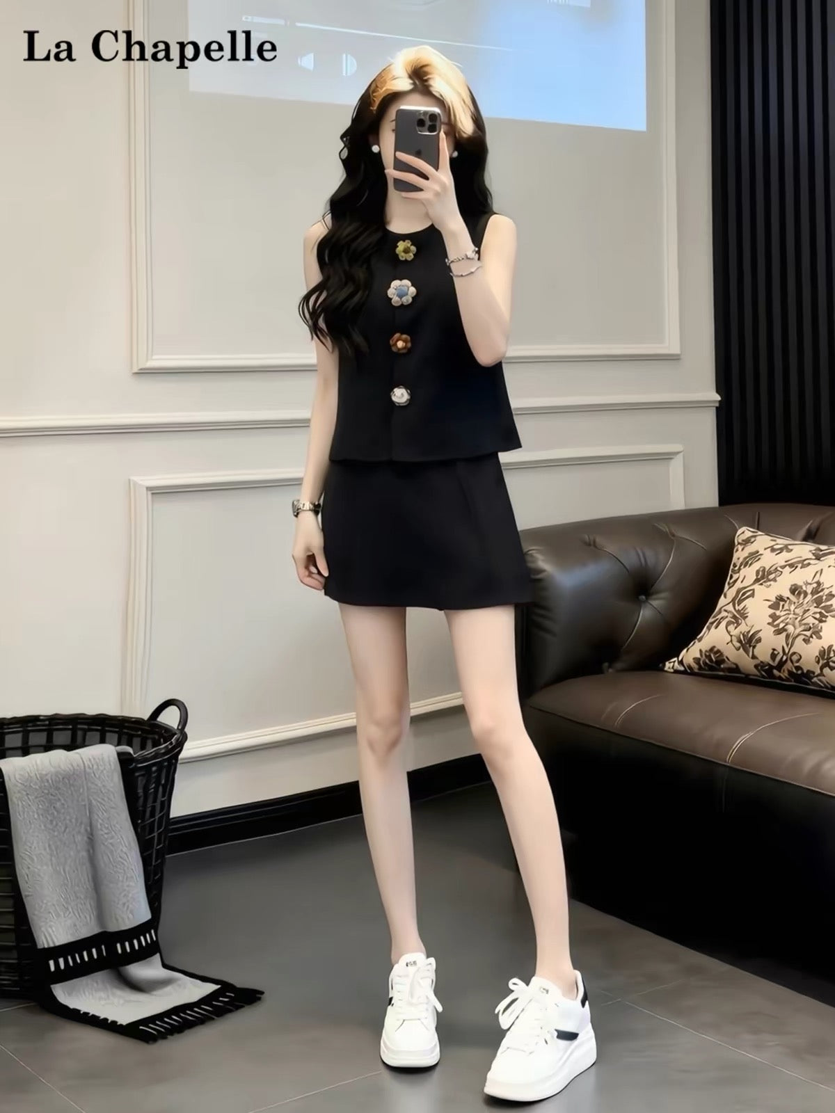 La Chapelle Black Sleeveless Top & Mini Skirt Set – Stylish, Slimming, and Youthful Casual Sporty Summer Outfit for Petites