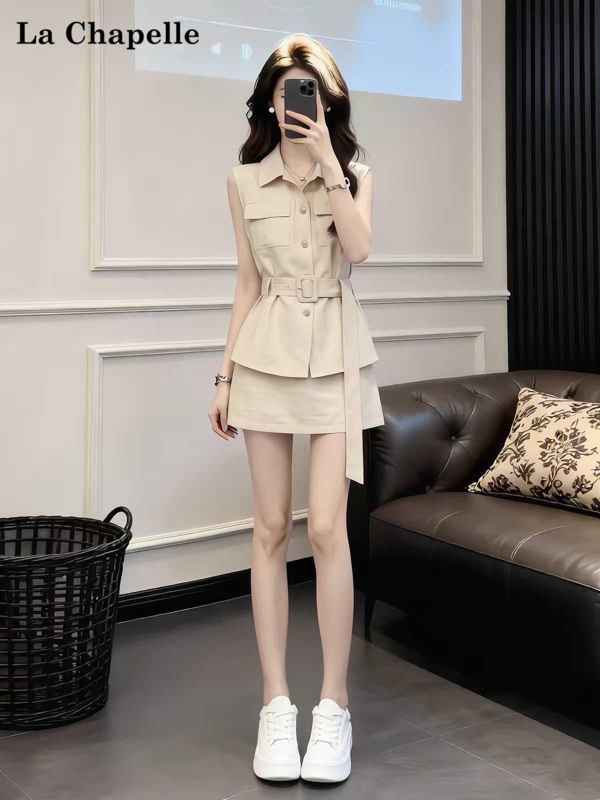 La Chapelle Women's Summer Two-Piece Set: Sleeveless Utility-Style Vest and Mini Skirt – Stylish, Casual, and Sporty with a Waist-Cinching, Slimming Fit.