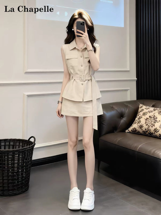 La Chapelle Women's Summer Two-Piece Set: Sleeveless Utility-Style Vest and Mini Skirt – Stylish, Casual, and Sporty with a Waist-Cinching, Slimming Fit.