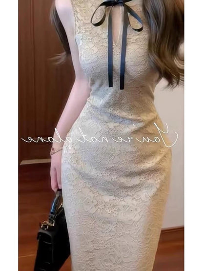 New Chinese-style modified cheongsam lace dress, pure and sexy sleeveless vest, high-end sexy bodycon long skirt