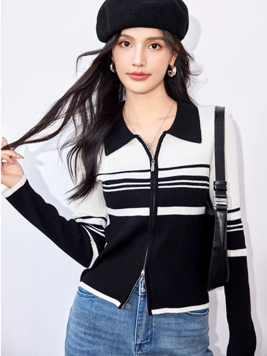 Fashion splicing long-sleeved knitted sweater for women autumn 2025 new style autumn clothing pure desire style foreign style outer wear cardigan top