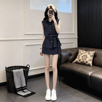 La Chapelle Women's Summer Two-Piece Set: Sleeveless Utility-Style Vest and Mini Skirt – Stylish, Casual, and Sporty with a Waist-Cinching, Slimming Fit.