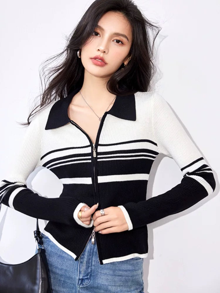 Fashion splicing long-sleeved knitted sweater for women autumn 2025 new style autumn clothing pure desire style foreign style outer wear cardigan top