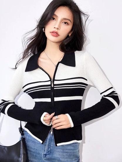 Fashion splicing long-sleeved knitted sweater for women autumn 2025 new style autumn clothing pure desire style foreign style outer wear cardigan top