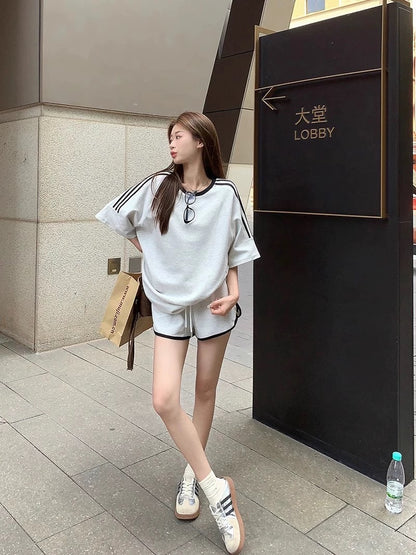 kumikumi casual suit women's contrasting color loose short-sleeved T-shirt summer high-waisted wide-leg pants straight-leg pants two-piece set