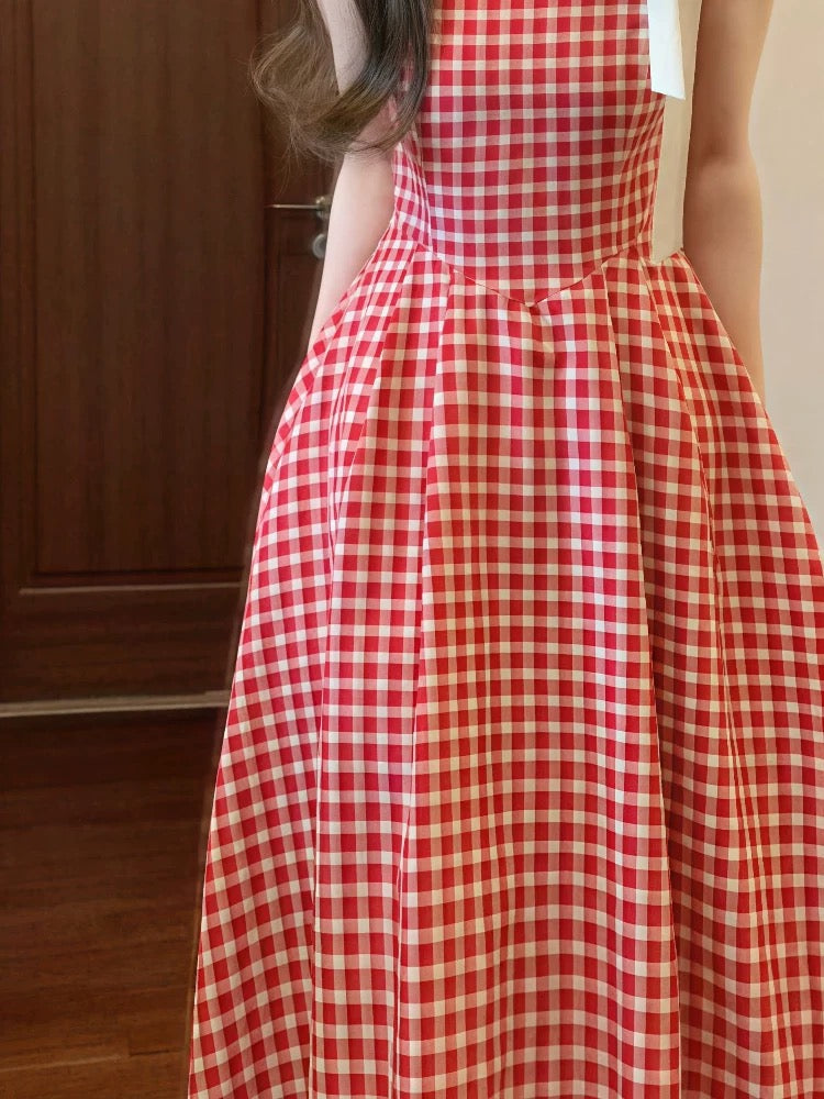 2025 Summer New Arrival French Chic High-End Beach Vacation Style Tie-Waist Maxi Dress in Red Plaid