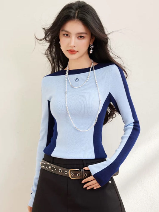 White long-sleeved sweater women's 2025 spring one-shoulder slim fit tight-fitting sweater inner bottoming shirt top