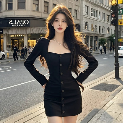 Coco KEKE waist slimming little black dress 2024 autumn single-breasted dress