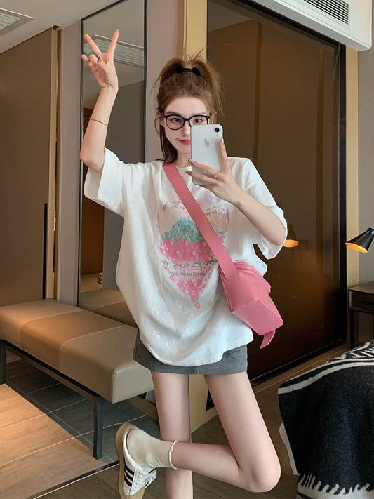 Design sense white lace splicing short-sleeved T-shirt women's summer loose casual versatile slim Korean style half-sleeved top