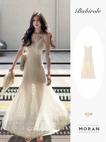 French-style romantic and sophisticated slip dress for women, summer style, lace, slim fit, elegant design, beach vacation long dress