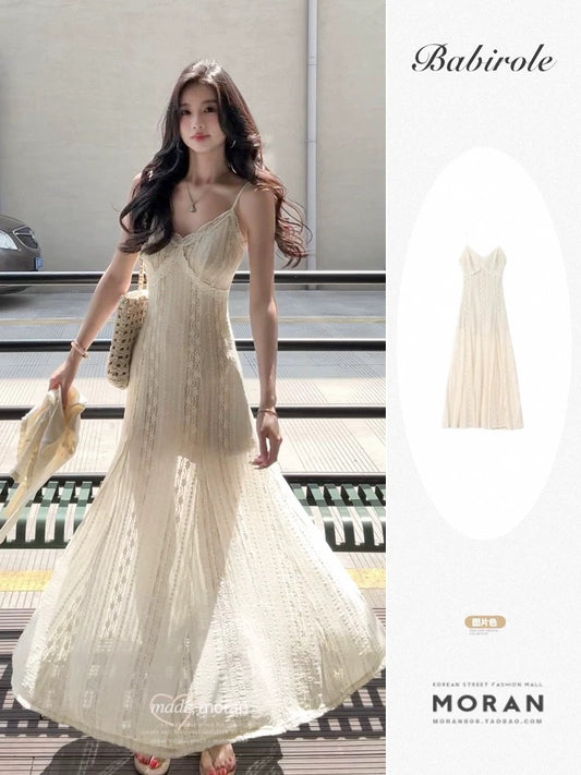 French-style romantic and sophisticated slip dress for women, summer style, lace, slim fit, elegant design, beach vacation long dress