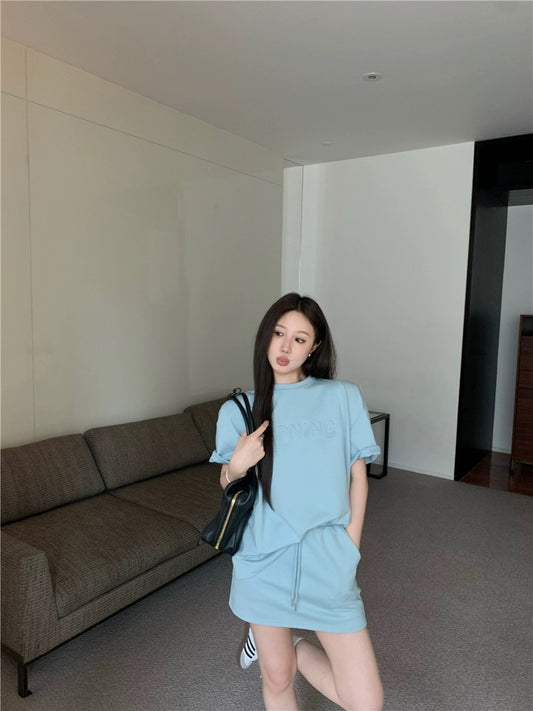 Casual sports suit letter embossed blue loose T-shirt top for women summer high waist half pants and skirt two-piece set