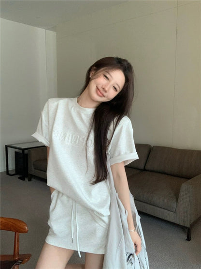 Casual sports suit letter embossed blue loose T-shirt top for women summer high waist half pants and skirt two-piece set