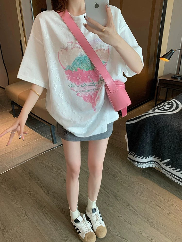 Design sense white lace splicing short-sleeved T-shirt women's summer loose casual versatile slim Korean style half-sleeved top