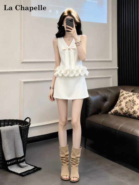 La Chapelle "Sweet & Innocent" Style Two-Piece Set: White Sleeveless V-Neck Ruffled Top and High-Waisted Mini Skirt