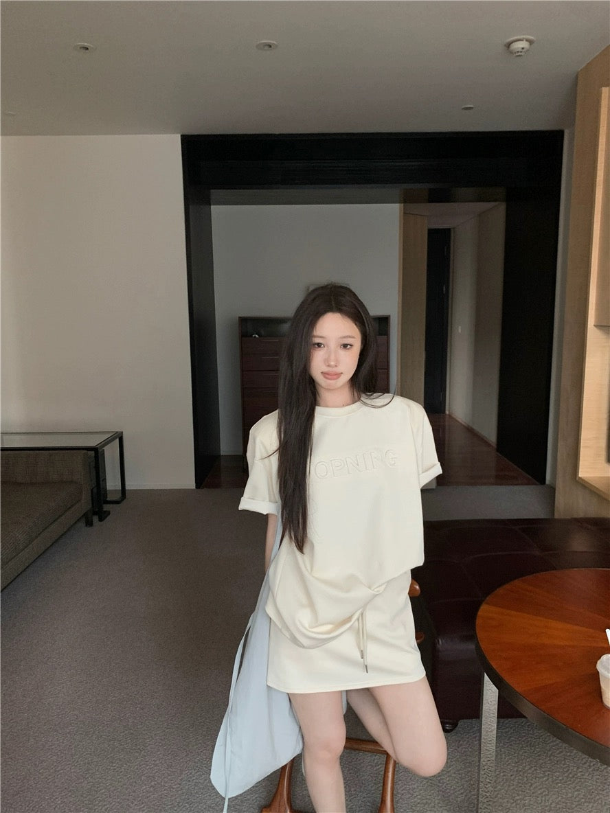 Casual sports suit letter embossed blue loose T-shirt top for women summer high waist half pants and skirt two-piece set