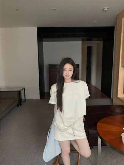 Casual sports suit letter embossed blue loose T-shirt top for women summer high waist half pants and skirt two-piece set