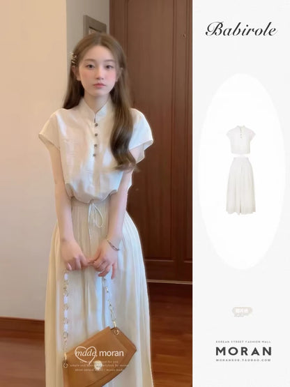 New Chinese style two-piece set, button-down top with drawstring hem, women's elastic waist skirt, summer set.
