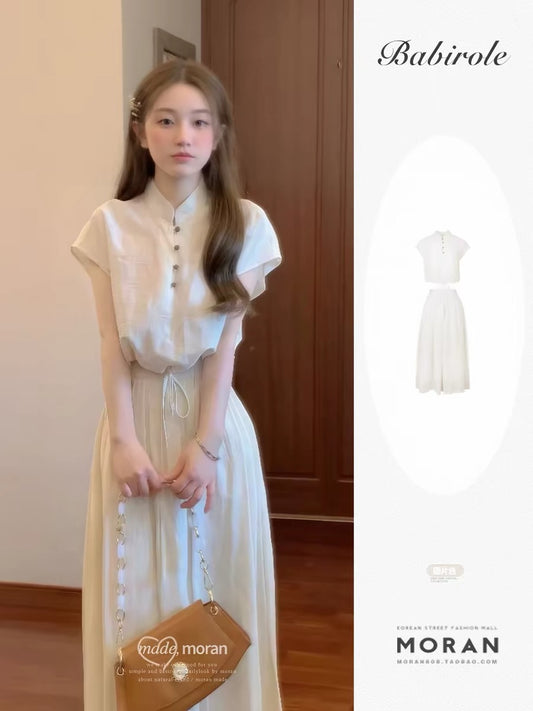 New Chinese style two-piece set, button-down top with drawstring hem, women's elastic waist skirt, summer set.