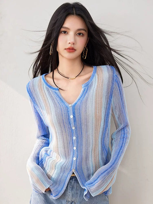 Gradient tie-dye striped thin sweater for women 2025 autumn new color matching sunscreen cardigan long-sleeved V-neck top