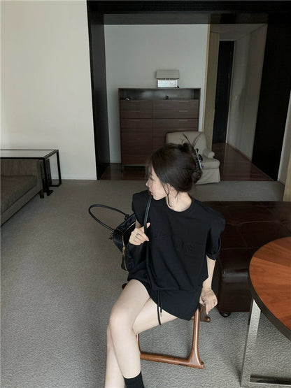 Casual sports suit letter embossed blue loose T-shirt top for women summer high waist half pants and skirt two-piece set