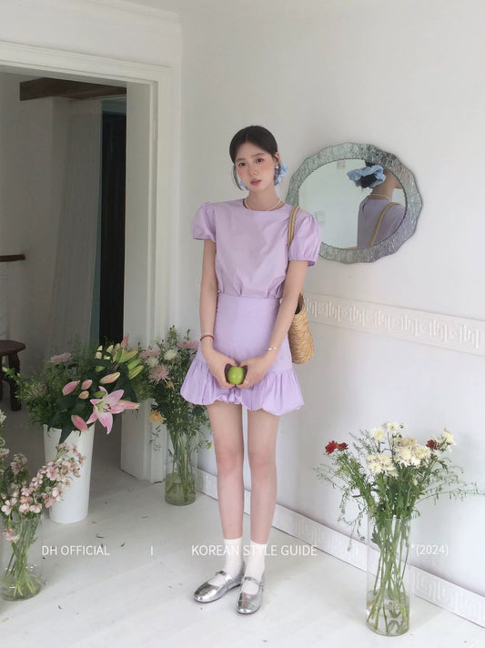 DH OFFICIAL Large Flower [Romanticism] Lilac Pink Purple Suit Women Korean Gentle Lantern Sleeve Two-piece Set