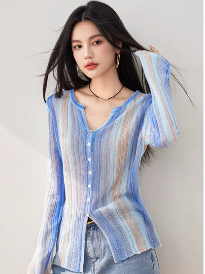 Gradient tie-dye striped thin sweater for women 2025 autumn new color matching sunscreen cardigan long-sleeved V-neck top