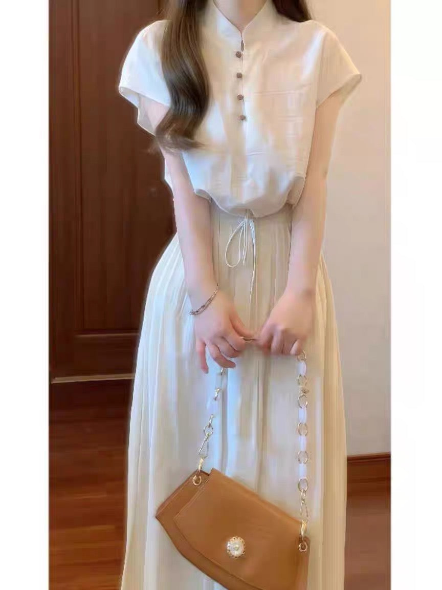 New Chinese style two-piece set, button-down top with drawstring hem, women's elastic waist skirt, summer set.