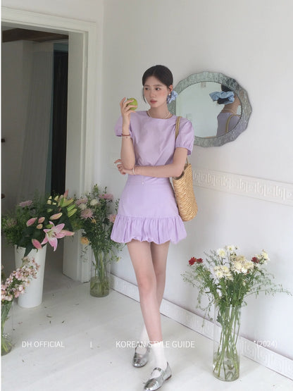 DH OFFICIAL Large Flower [Romanticism] Lilac Pink Purple Suit Women Korean Gentle Lantern Sleeve Two-piece Set