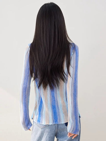 Gradient tie-dye striped thin sweater for women 2025 autumn new color matching sunscreen cardigan long-sleeved V-neck top