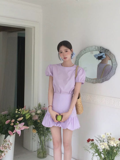 DH OFFICIAL Large Flower [Romanticism] Lilac Pink Purple Suit Women Korean Gentle Lantern Sleeve Two-piece Set