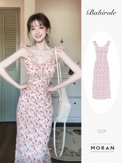 French-style sweet floral print sundress with flutter sleeves, new summer 2025 style, elegant long dress for beach vacation.