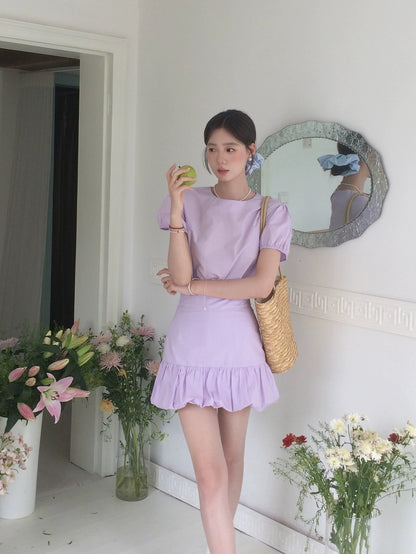 DH OFFICIAL Large Flower [Romanticism] Lilac Pink Purple Suit Women Korean Gentle Lantern Sleeve Two-piece Set