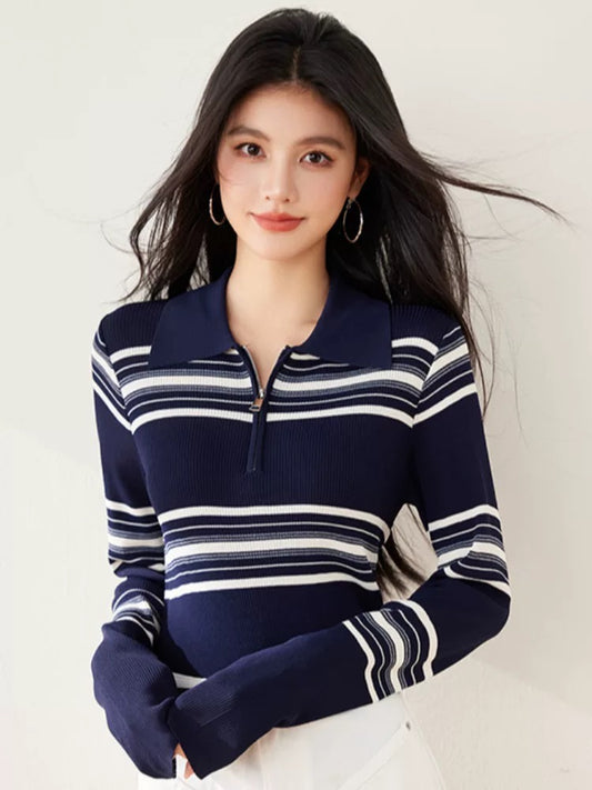 Polo collar wool sweater long sleeve sweater inner bottoming shirt women 2025 spring v-neck French striped top