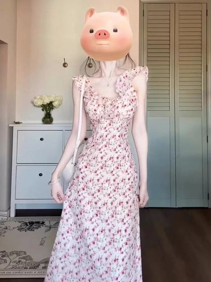 French-style sweet floral print sundress with flutter sleeves, new summer 2025 style, elegant long dress for beach vacation.