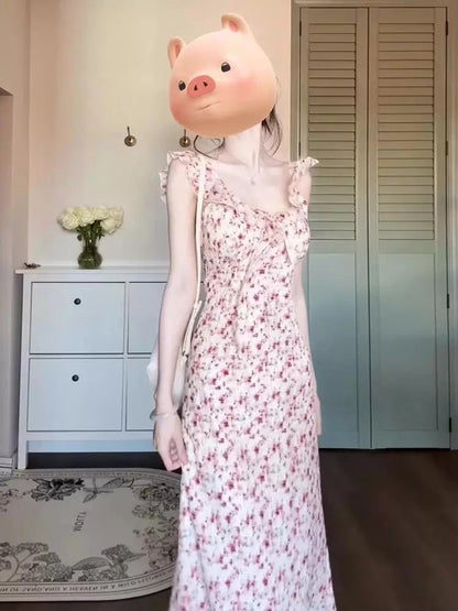 French-style sweet floral print sundress with flutter sleeves, new summer 2025 style, elegant long dress for beach vacation.
