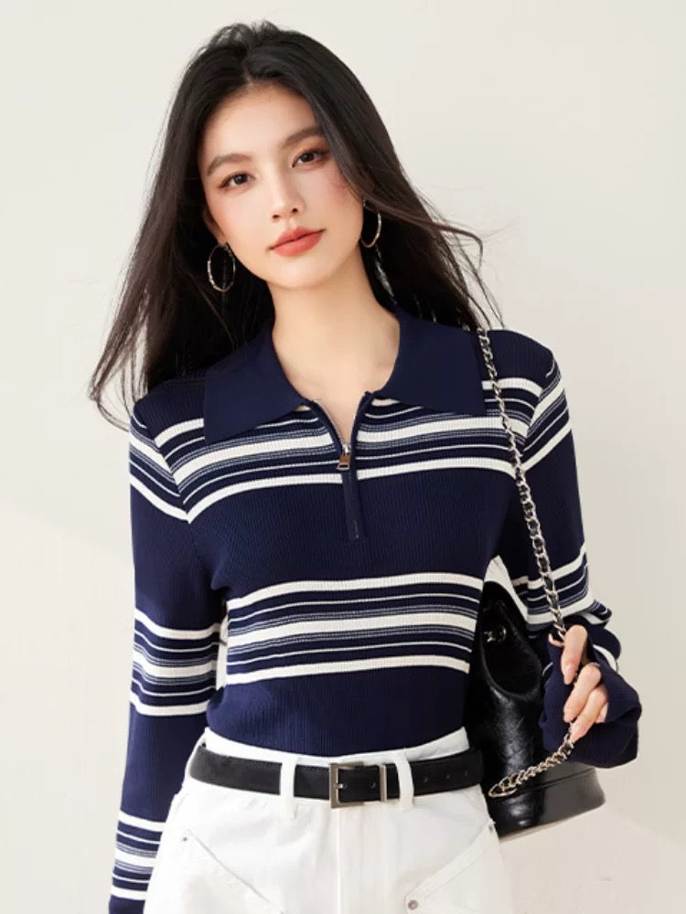 Polo collar wool sweater long sleeve sweater inner bottoming shirt women 2025 spring v-neck French striped top