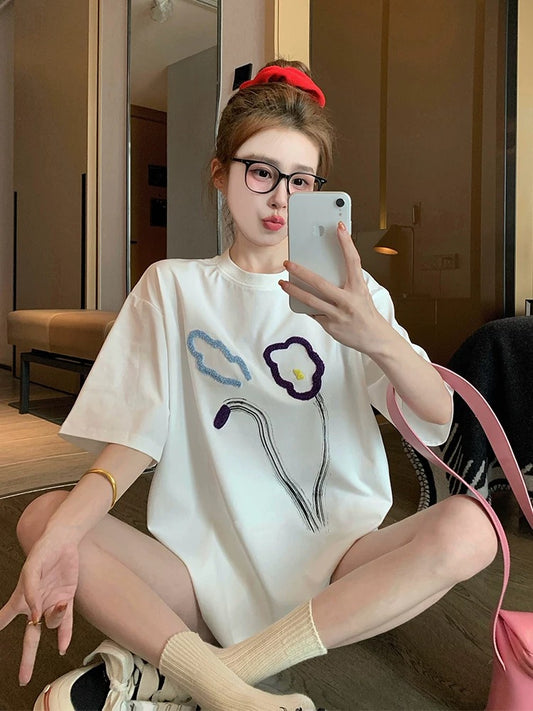 White pure cotton short-sleeved T-shirt for women 2025 new summer European goods large version fashionable loose casual tall tops
