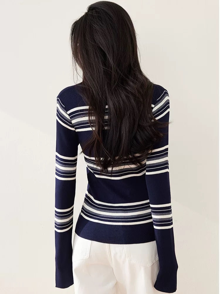 Polo collar wool sweater long sleeve sweater inner bottoming shirt women 2025 spring v-neck French striped top