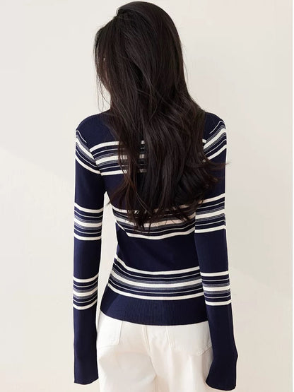 Polo collar wool sweater long sleeve sweater inner bottoming shirt women 2025 spring v-neck French striped top